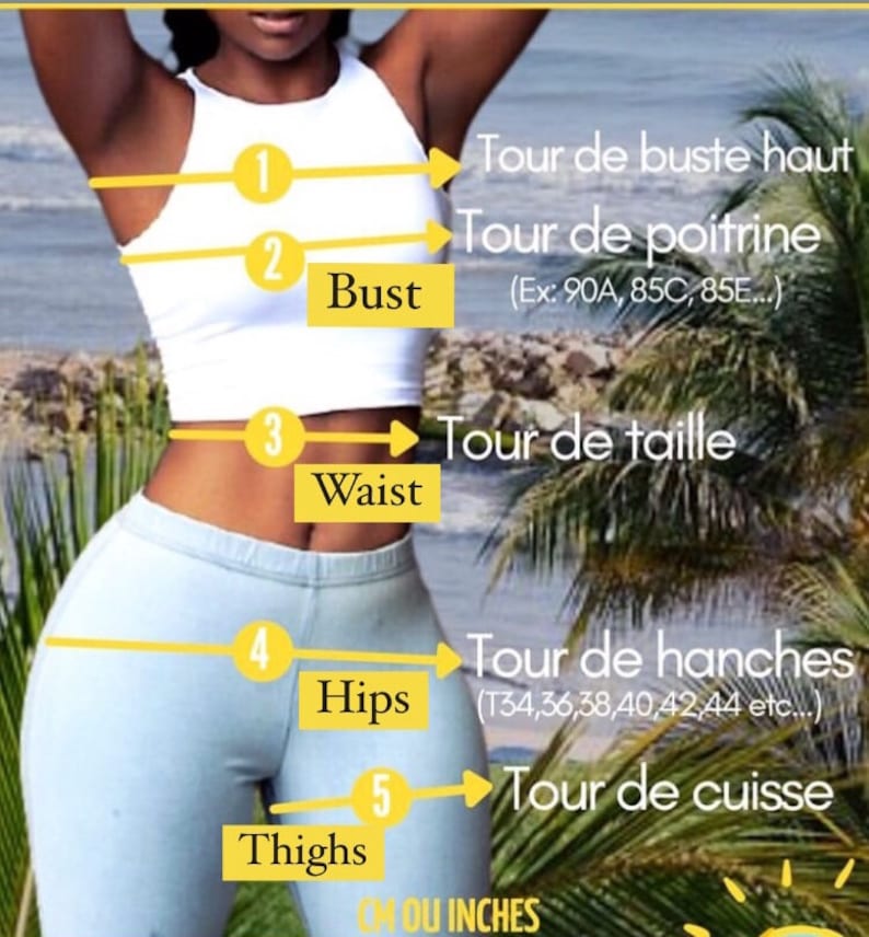 Peut inclure: Diagramme montrant comment mesurer le buste, la taille, les hanches et les cuisses en centim&egrave;tres. Le diagramme montre une personne portant un d&eacute;bardeur blanc et un pantalon bleu clair.