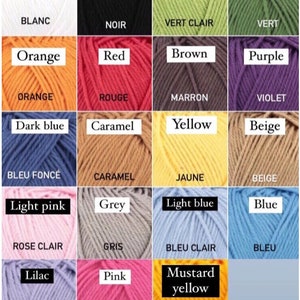 May include: A color chart of yarn skeins with the names of the colors in both English and French. The colors include white, black, light green, green, orange, red, brown, purple, dark blue, caramel, yellow, beige, light pink, grey, light blue, blue, lilac, pink, and mustard yellow.