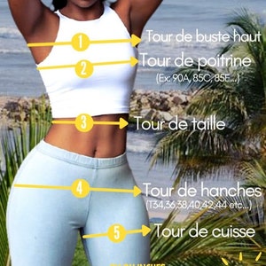 May include: Diagram showing how to measure bust, chest, waist, hips, and thigh circumference. The measurements are labeled in French.  The text includes examples of measurements in inches and centimeters.
