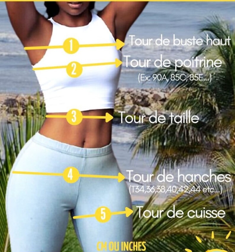 May include: Diagram showing how to measure bust, chest, waist, hips, and thigh circumference. The measurements are labeled in French.  The text includes examples of measurements in inches and centimeters.