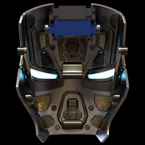 May include: A futuristic, metallic helmet with a blue visor and intricate details. The helmet has a textured, weathered appearance, suggesting it has been used in battle.