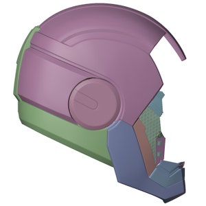 May include: A 3D model of a helmet with a pink, green, blue, and brown colour scheme. The helmet has a large, rounded top and a smaller, rounded bottom. The helmet has a variety of details, including a circular vent on the side and a textured panel on the back.