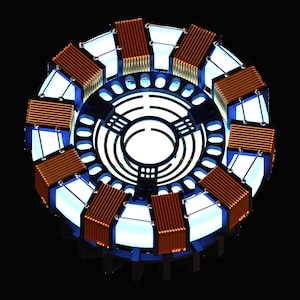 May include: A circular, blue and copper-coloured metal object with a glowing white centre. The object has a series of arcs and lines radiating from the centre.