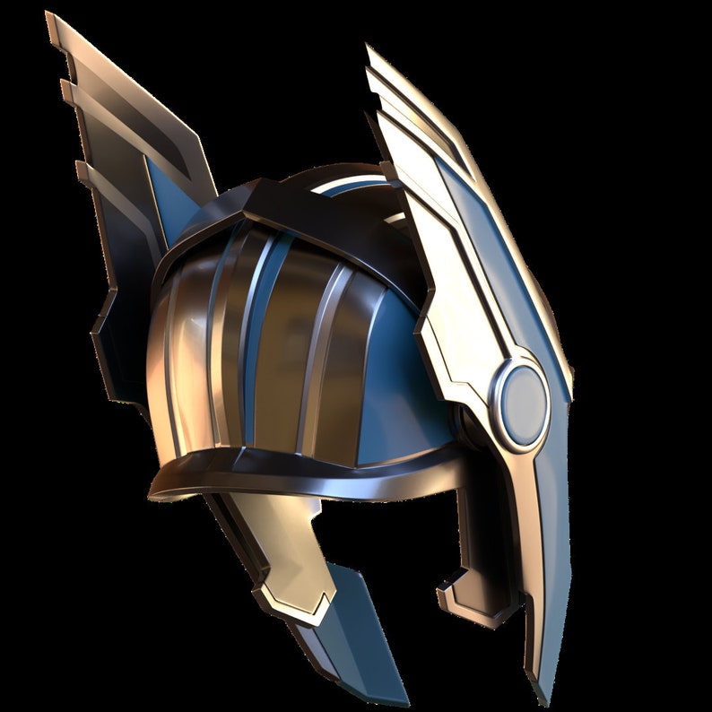 May include: A silver and blue helmet with a winged design. The helmet has a visor and a circular detail on the side.