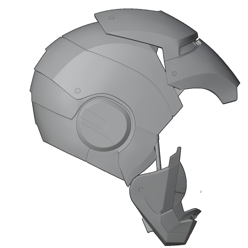 May include: A gray 3D model of a helmet with a futuristic design. The helmet has a large, round visor and a series of panels and vents.