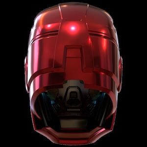 May include: A red futuristic helmet with a black visor and a detailed design. The helmet has a glossy finish and a sleek, modern look.