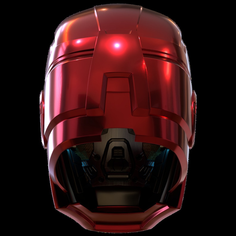 May include: A red futuristic helmet with a black visor and a detailed design. The helmet has a glossy finish and a sleek, modern look.