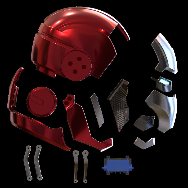 May include: A disassembled red and silver helmet with multiple pieces. The helmet has a visor and a textured surface. The pieces are laid out on a black background.