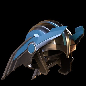 May include: A futuristic helmet with a blue and silver design. The helmet has a large, circular visor and a wing-like structure on the side.
