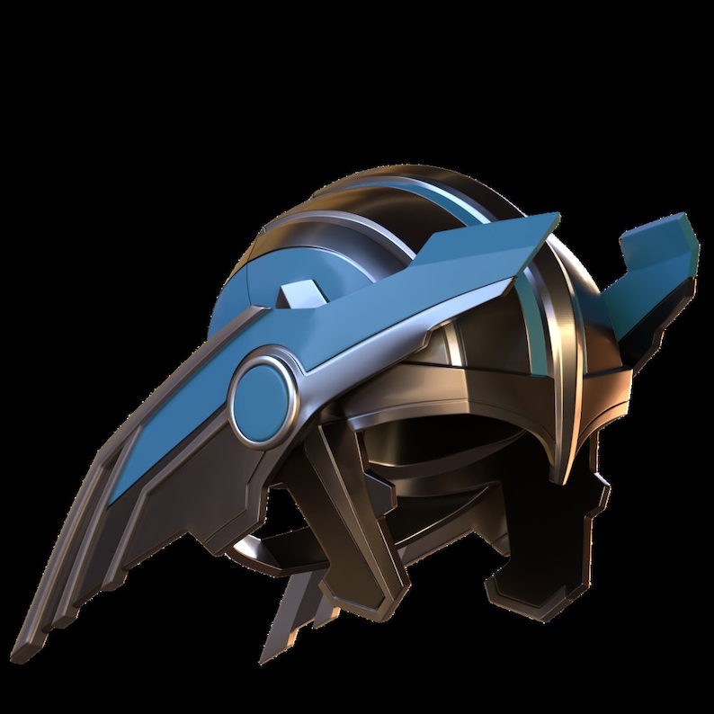 May include: A futuristic helmet with a blue and silver design. The helmet has a large, circular visor and a wing-like structure on the side.