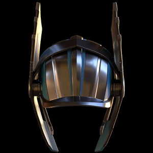 May include: A silver and black helmet with a blue stripe design and two large wings on the sides.