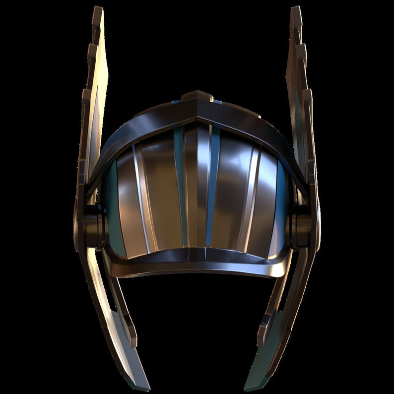 May include: A silver and black helmet with a blue stripe design and two large wings on the sides.