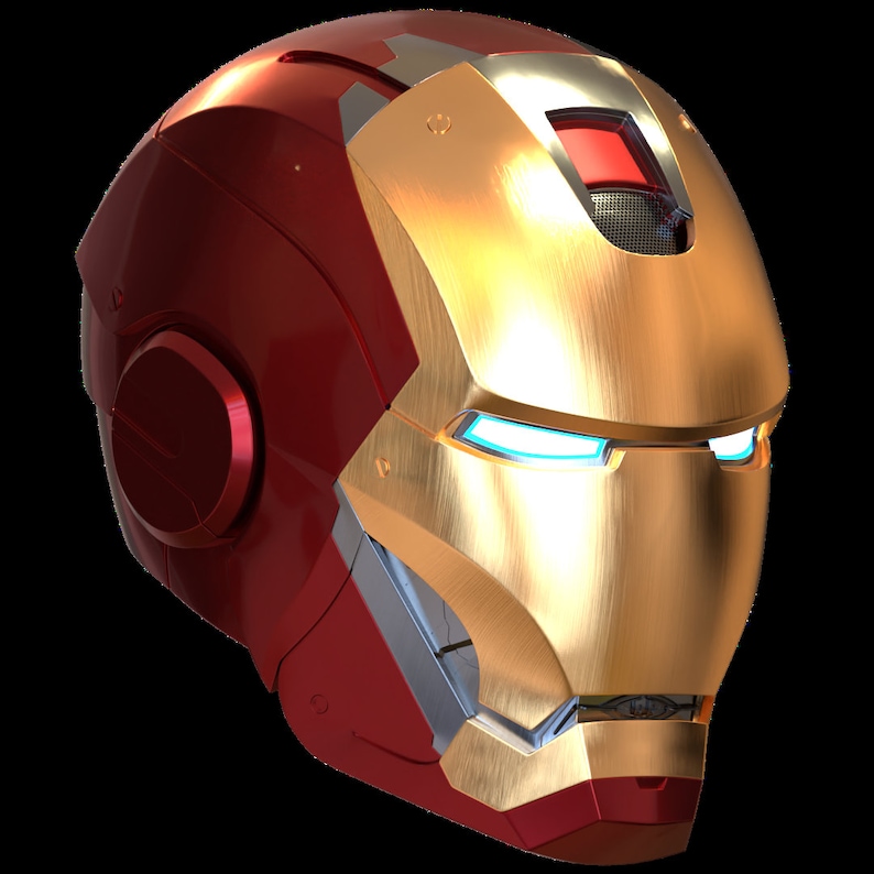 May include: A red and gold helmet with a metallic finish. The helmet has a visor with two glowing blue lights.