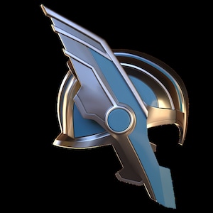 May include: A silver and blue helmet with a wing design. The helmet has a circular opening on the front and a pointed chin guard.