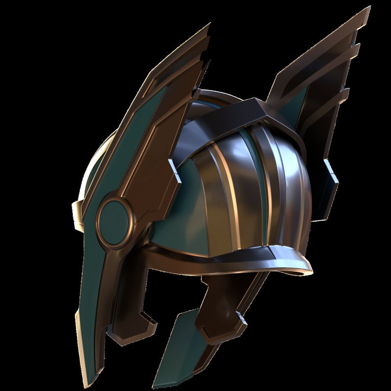 May include: A black and teal helmet with wings on the sides. The helmet has a metallic finish and a visor.