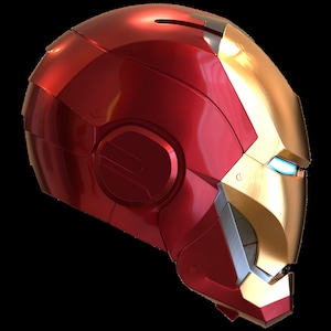 May include: A red and gold helmet with a metallic finish. The helmet has a large, round visor and a smaller, rectangular visor on the side. The helmet is designed to look like the Iron Man character from the Marvel comics.