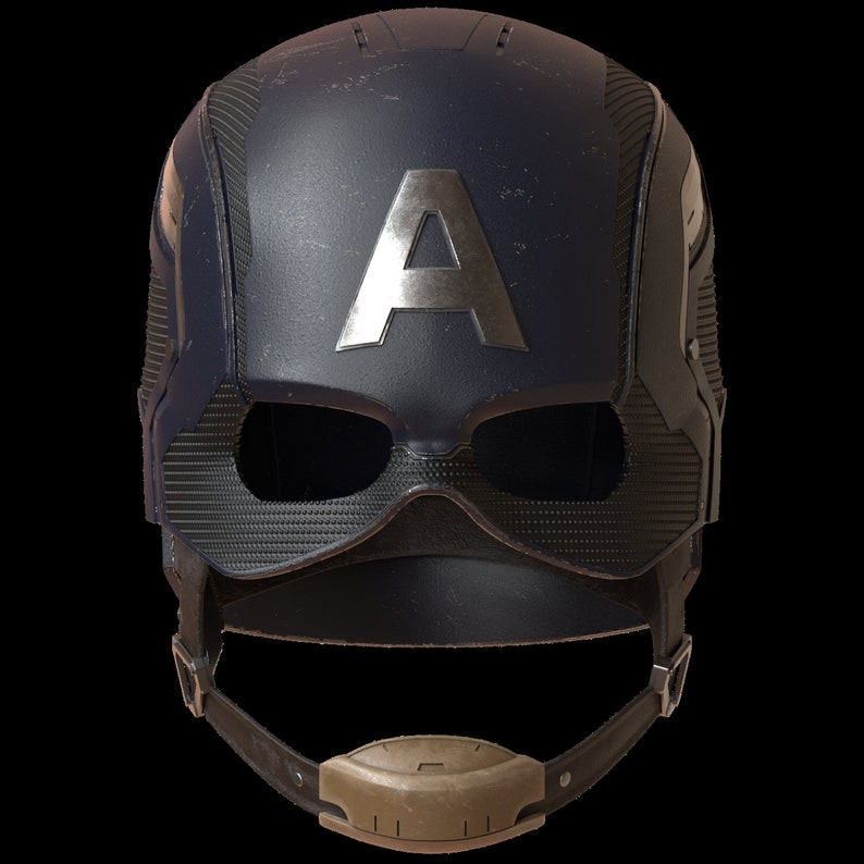 K&ouml;nnte beinhalten: Ein marineblauer Captain America Helm mit silbernem "A" Emblem. Der Helm hat ein strukturiertes Design, Augen&ouml;ffnungen und einen Kinnriemen. Das Gesamtdesign ist detailliert und realistisch, mit einem verwitterten Aussehen.