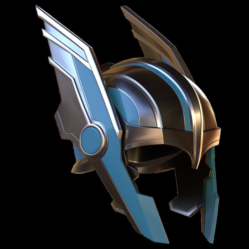 May include: A silver and blue helmet with wings on the sides. The helmet has a textured surface and a dark blue stripe running down the center.