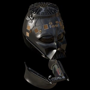 以下が含まれることがあります： SFキャラクターを彷彿とさせる、複雑な機械的ディテールを備えた黒い光沢のあるヘルメット。ヘルメットは部分的に分解され、内部コンポーネントと詳細な呼吸器が明らかになっています。金属的なアクセントと幾何学模様が表面を飾っています。