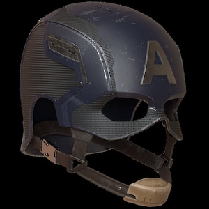 K&ouml;nnte beinhalten: Ein marineblauer Captain America-Helm mit einem gro&szlig;en silbernen "A" auf der Vorderseite. Der Helm hat eine strukturierte Oberfl&auml;che mit schwarzen Akzenten und einem Kinnriemen. Der Helm ist mit einem Schutzvisier und einem Kinnriemen ausgestattet.