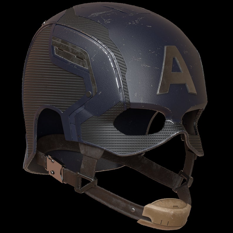 K&ouml;nnte beinhalten: Ein marineblauer Captain America-Helm mit einem gro&szlig;en silbernen "A" auf der Vorderseite. Der Helm hat eine strukturierte Oberfl&auml;che mit schwarzen Akzenten und einem Kinnriemen. Der Helm ist mit einem Schutzvisier und einem Kinnriemen ausgestattet.