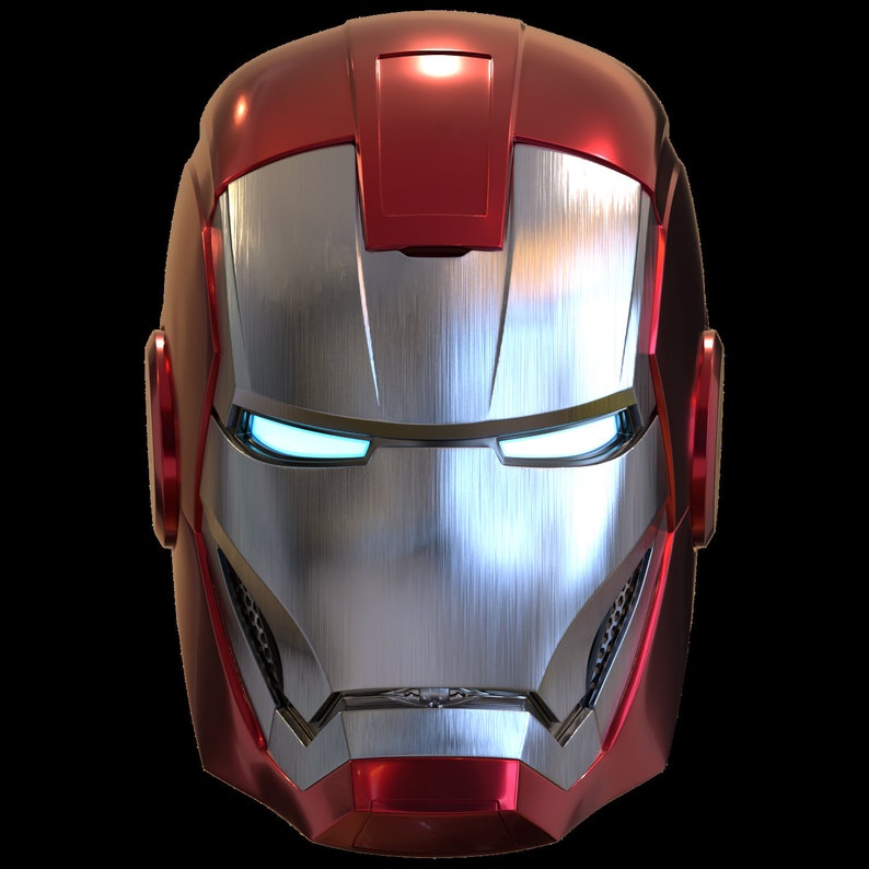 May include: A red and silver helmet with a metallic finish and glowing blue eyes. The helmet has a textured surface and a sleek design.