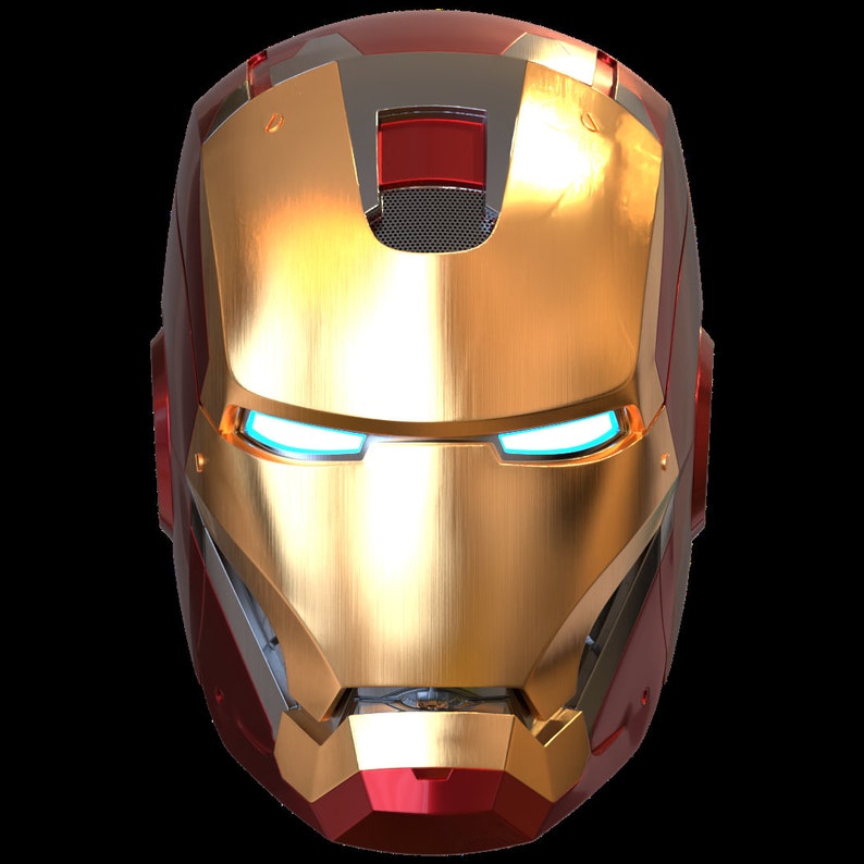 May include: A red and gold metallic helmet with a visor and glowing blue eyes. The helmet has a brushed metal finish and a textured surface.