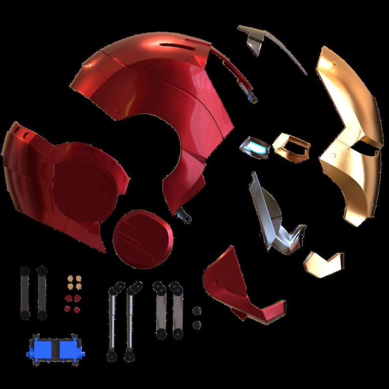 May include: A disassembled red and gold helmet with multiple pieces, including a face mask, a head piece, and various smaller parts. The helmet is made of plastic and has a metallic finish.