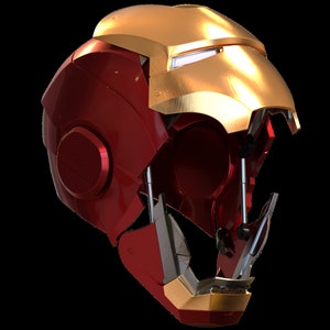 May include: A red and gold Iron Man helmet with a hinged jaw and a detailed design. The helmet is open and the interior is visible.