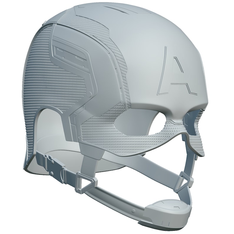 K&ouml;nnte beinhalten: Ein hellgrauer Helm mit dem Buchstaben "A" auf der Stirn. Der Helm hat einen Kinnriemen und detaillierte Texturen an den Seiten und oben. Das Design scheint ein 3D-Modell eines Superheldenhelms zu sein.