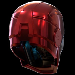 May include: A red helmet with a futuristic design. The helmet has a visor and a large, round earpiece on the right side.