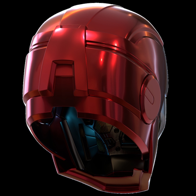 May include: A red helmet with a futuristic design. The helmet has a visor and a large, round earpiece on the right side.