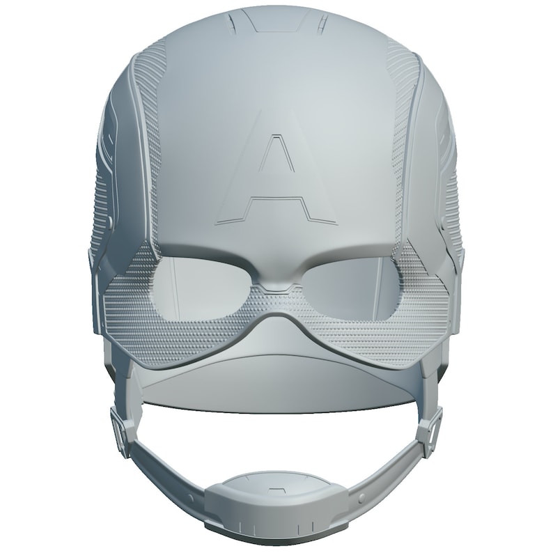 K&ouml;nnte beinhalten: Ein hellgrauer Captain America-Helm mit dem ikonischen "A"-Emblem auf der Stirn. Der Helm hat Augen&ouml;ffnungen und einen Kinnriemen. Das Design umfasst strukturierte Details und eine stromlinienf&ouml;rmige Form, die eine moderne Superhelden-&Auml;sthetik suggeriert.