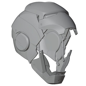 May include: A gray 3D printed model of a helmet with a futuristic design. The helmet is open on the front and has a detailed interior.