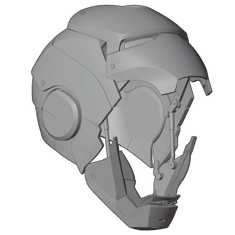 May include: A gray 3D printed model of a helmet with a futuristic design. The helmet is open on the front and has a detailed interior.