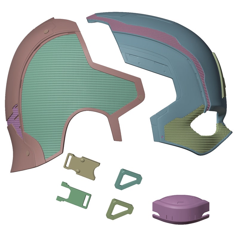 K&ouml;nnte beinhalten: Ein zerlegter Helm in Blau-, Rosa- und Gr&uuml;nt&ouml;nen mit strukturierter Oberfl&auml;che. Die Helmkomponenten sind auf schwarzem Hintergrund angeordnet, einschlie&szlig;lich Schnallen und einem kleinen, quadratischen Teil.