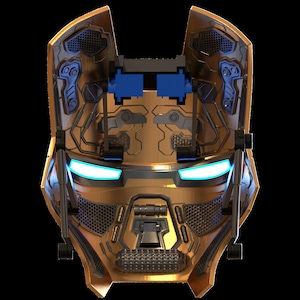 May include: A gold-colored robot mask with blue glowing eyes and a detailed design. The mask has a textured surface and appears to be made of metal.