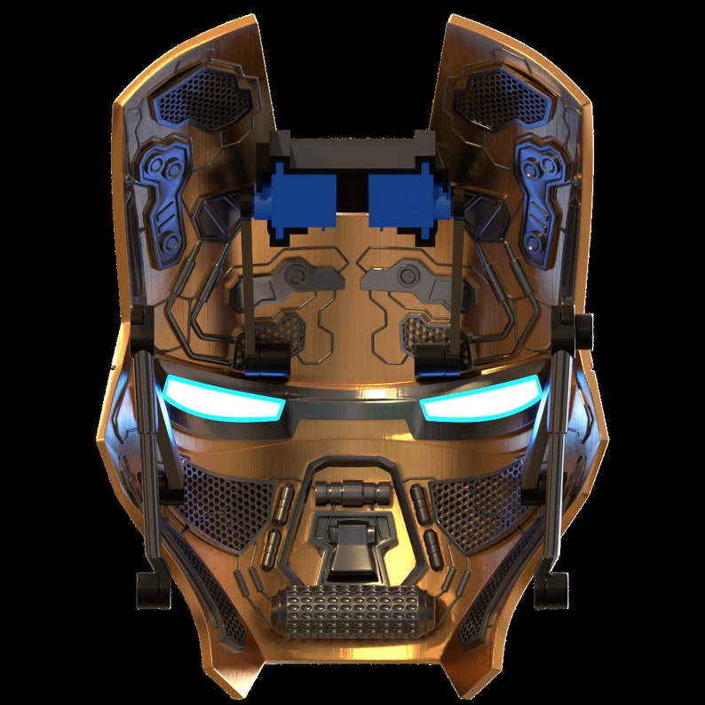 May include: A gold-colored robot mask with blue glowing eyes and a detailed design. The mask has a textured surface and appears to be made of metal.