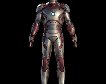 Pode incluir: Um traje de robô metálico vermelho e dourado com um reator de arco azul brilhante no peito.