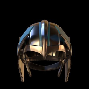 May include: A silver helmet with blue accents. The helmet has a pointed top and a face shield.