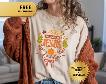 Tomber amoureux de Jésus chemise quotidienne, t-shirt chrétien d'automne, t-shirt d'automne basé sur la foi, chemise de versets bibliques inspirants, t-shirt avec noeud cadeau de Thanksgiving