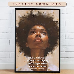 Black Woman Christian Wall Art Printable | Proverbs 31:25 NLT | Clothed in Strength | Modern Home Decor | Instant Download