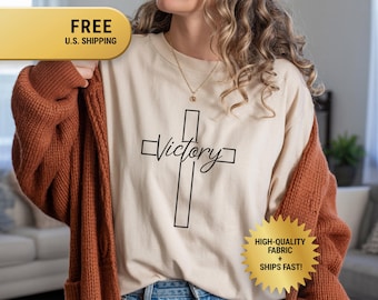 Victory Cross Shirt, Christian Faith Tee for Women, Religious Graphic Top, Inspirational Scripture T-Shirt, Spiritual Encouragement Gift Tee