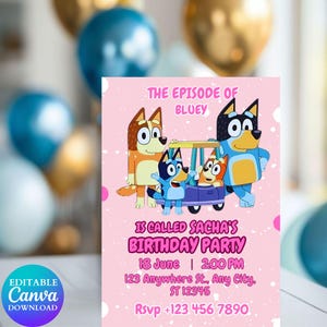 Bluey Birthday Invitation, Bluey Girl Party  Invitation, Bluey Birthday Theme, Girl Pink Purple Birthday Invitation, Bday Girl party invite