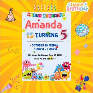 Invito di compleanno modificabile a tema mostri: divertente invito per festa per bambini (digitale)