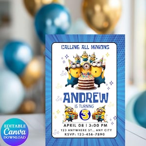 Birthday Invitation Yellow Theme Birthday Party Invitation, Editable Minion Kids Birthday invitation, Minion Themed Kids Birthday Invitation