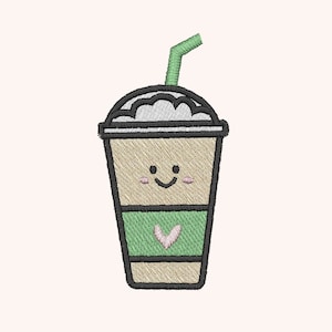 May include: A cartoon illustration of a coffee cup with a green lid and straw. The cup has a happy face and a green and white stripe around the middle.