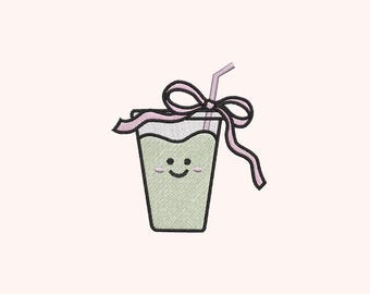 Cute Iced Matcha Embroidery File, Girly Bow (Digital Download)
