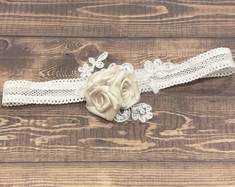 Baptism Christening Headband with Ivory Satin Flowers