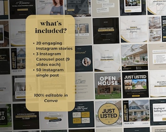 May include: A collage of 50 Instagram post templates for real estate agents. The templates feature a variety of designs, including photos of houses, text overlays, and graphics. The templates are 100% editable in Canva.